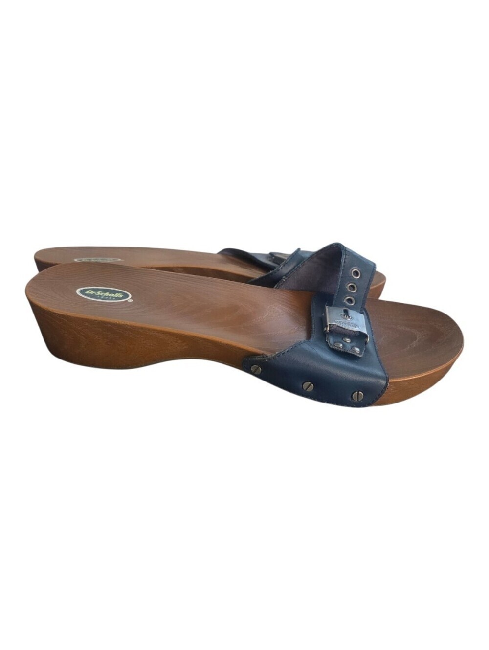 Dr Scholls Original Collection Wood Slide  Sandals Navy Blue Leather 9M